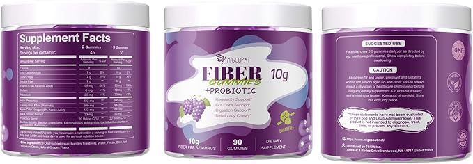 Migcopat 10G Fiber Gummies for Adults No Sugar Added Grape Flavor Fiber Supplement with 30 Billion CFU Probiotics Blend ACV Vitamin C Inulin Support Digestive Health 90 Count