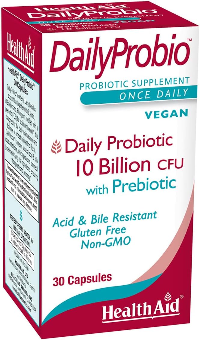 HealthAid DailyProbio – 10 Billion CFU 10 Strain Vegan Probiotic with Prebiotic | Acid &amp Bile Resistant Dairy &amp Gluten Free Non-GMO | Once Daily Digestive Support