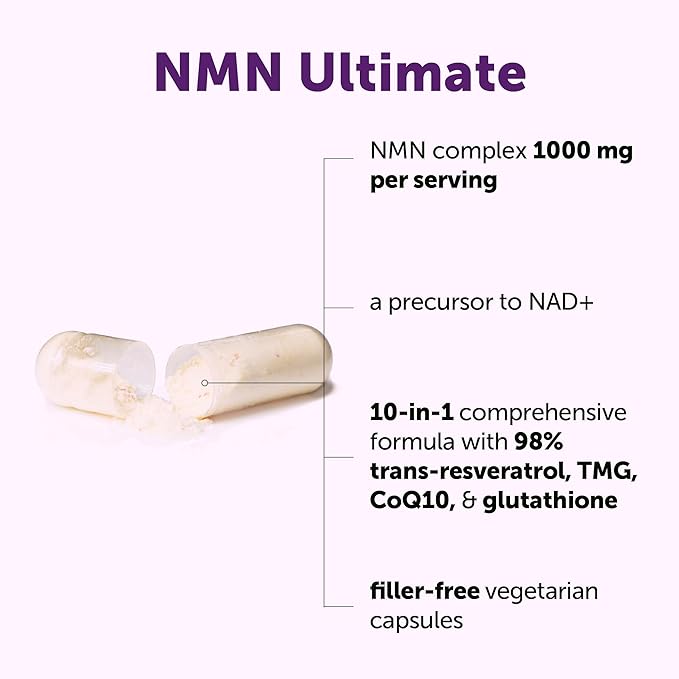 NMN Complex 1000mg Per Serving 60 Veggie Capsules | 10-in-1 with Nicotinamide Mononucleotide Vitamin C Resveratrol CoQ10 TMG Quercetin &amp Glutathione | NAD+ Supplement Precursor | Filler Fr