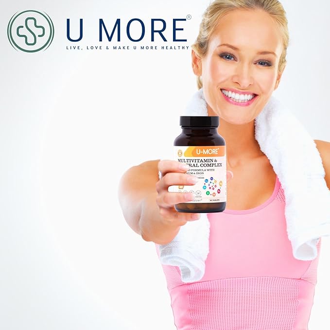 U-MORE Multivitamin &amp Mineral Complex Vegan Sugar-Free Gluten-Free Calcium Magnesium Vitamin A B1 B2 B5 B6 B12 D3 K C Iron Zinc Supports Immune System &amp Overall Health - 60 Ta