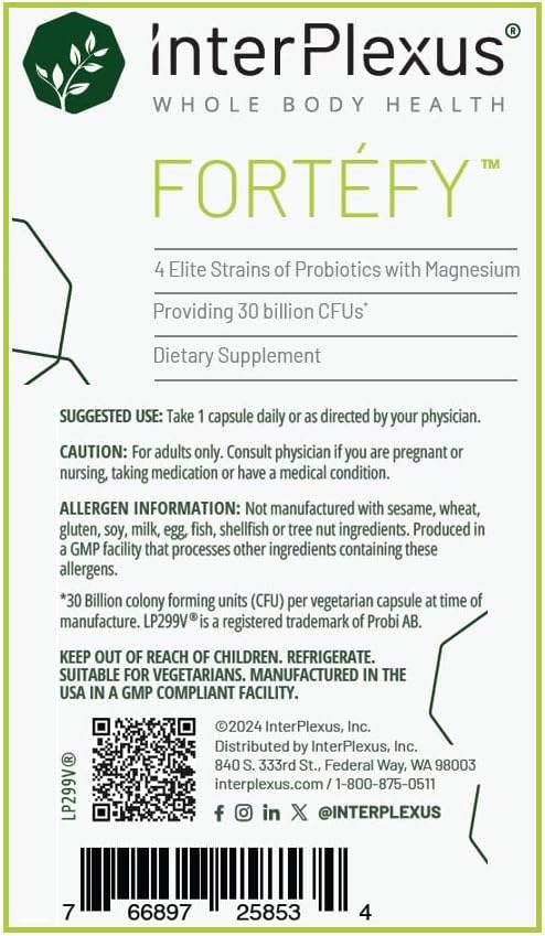 InterPlexus Fortéfy - 4 Elite Strains of Probiotics Providing 30 Billion CFU per Capsule with Magnesium - Gluten Free Dairy Free Soy Free - 45 Capsules (45 Servings)