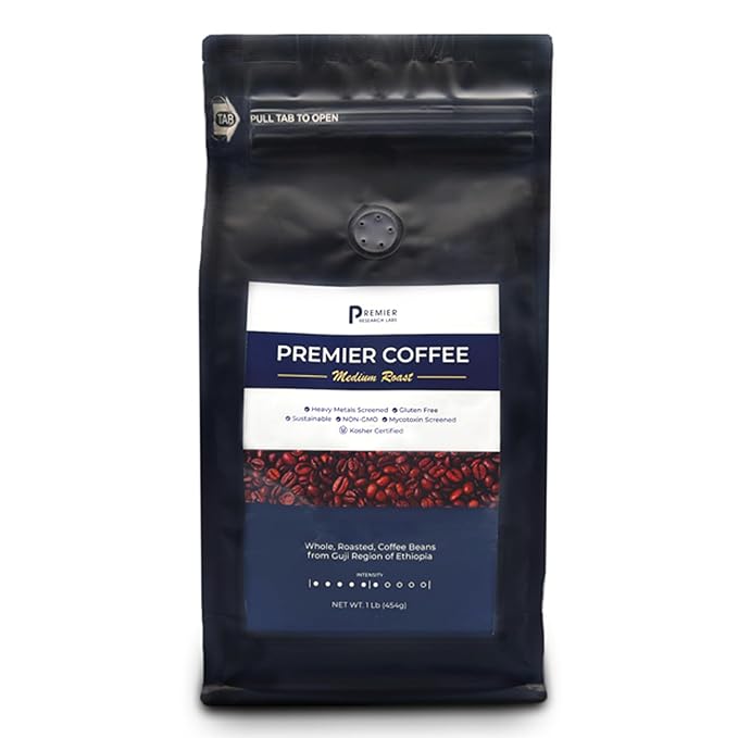 Premier Research Labs Organic Whole Roasted Coffee Beans - Medium Roast From Guji Region of Ethiopia Crafted for Optimal Health Benefits Sweet &amp Fruity Well-Balanced Gluten Free - 1 Pound