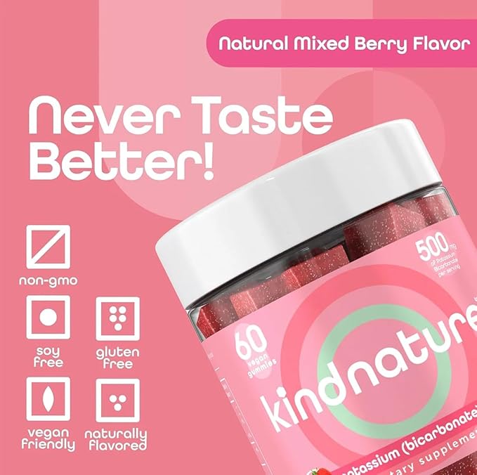KINDNATURE High Potassium Gummies 500mg for Leg Cramps &amp Electrolyte Support - Chewable Pure Potassium Bicarbonate Supplement - Adults &amp Kids - Vegan Non GMO - 60 Gummies (30 Day Supply)