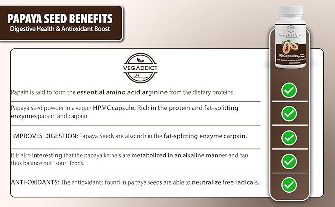 Papaya Seed Powder Capsules | High Papaya Enzyme (Papain) Content | Gluten &amp Lactose Free | Non-GMO | No Additives | Vegan | Nutritional Supplement | Quality Controlled (90 Capsules)
