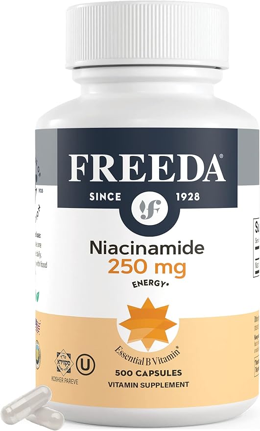 Freeda Niacinamide - Vitamin B3 Niacinamide 250 mg - Vegetarian No Flush Niacin Formula - B3 Vitamins Niacinamide Supplement - Niacin Flush Free Niacin Supplement Vitamin B3 Nicotinamide 500 Capsules