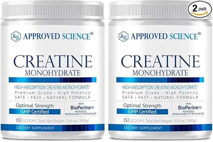 Approved Science Creatine Monohydrate Powder – with BioPerine – Supports Strength Lean Muscle &amp Recovery – 5 g Per Serving – Unflavored Creatine Powder – Non-GMO Vegan – 120 Servings (Pack of 2)