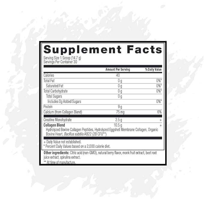 Creatine + Collagen Powder Berry Flavor Creatine Monohydrate and Collagen Supplement with Probiotics Gluten Free Non GMO Easy to Digest Formula 30 Servings 13.8 Oz