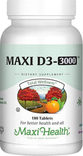 Maxi Health Vitamin D3 3000 IU 75 mcg Vitamin D Supplement for Healthy Bones Teeth Immune Support - VIT D3 Supplement Easy to Swallow Non-GMO Supplement for Men and Women – Kosher (180 Tablets)