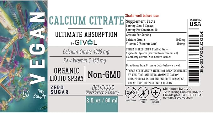 Liquid Calcium Citrate 1000mg &amp Raw Vitamin C 150mg Liquid Spray Mist for Easy Absorption Wild Cherry &amp BlackBerry Flavor Calcium Supplement Non-GMO Gluten Free Sugar-Free 2oz (60ml)