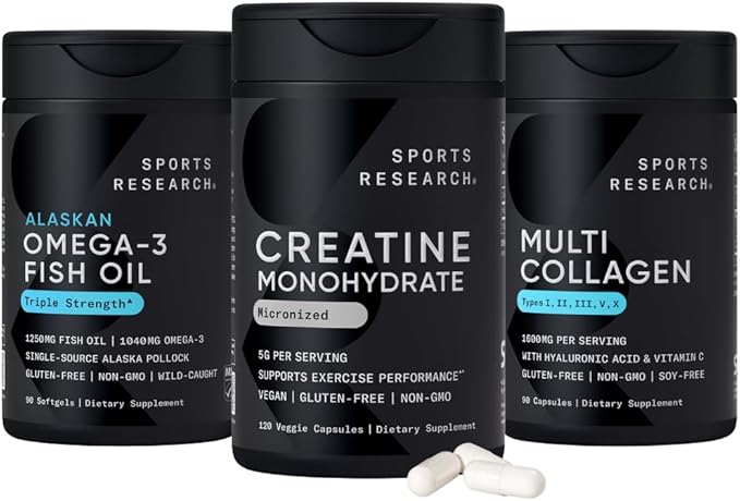 Sports Research® Supplements Pack - Creatine Monohydrate Capsules + Triple Strength Omega 3 Fish Oil + Multi Collagen Peptides (Type I II III V X) Enhanced with Hyaluronic Acid &amp Vitamin C
