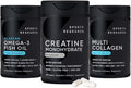 Sports Research® Supplements Pack - Creatine Monohydrate Capsules + Triple Strength Omega 3 Fish Oil + Multi Collagen Peptides (Type I II III V X) Enhanced with Hyaluronic Acid &amp Vitamin C