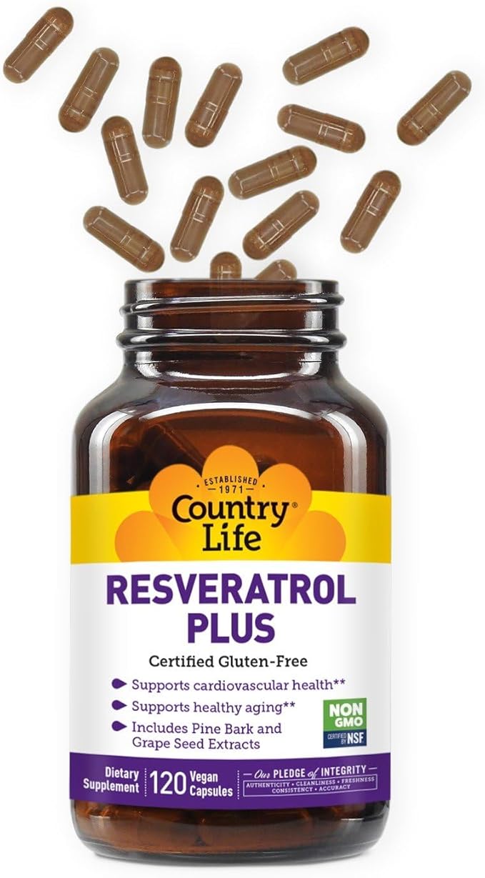 Country Life Resveratrol Plus 1000mg - Organic Antioxidant Supplement with Pine Bark &amp Grape Seed Extracts - Vegan Gluten-Free Non-GMO