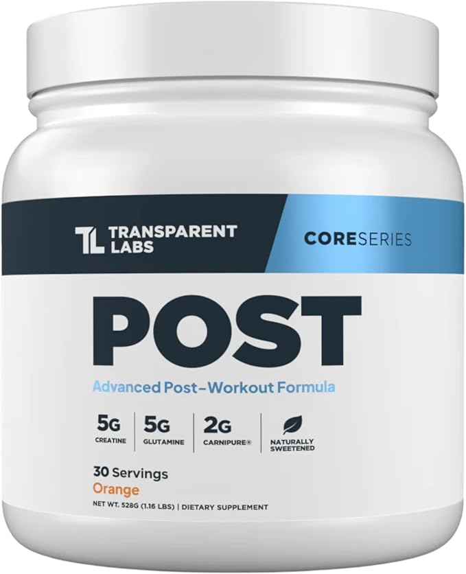 Transparent Labs Post - Post-Workout Recovery Muscle Builder w/L-Glutamine Creatine Monohydrate &amp Carnipure L-Carnitine L-Tartrate for Muscle Recovery &amp Building - 30 Servings Orange