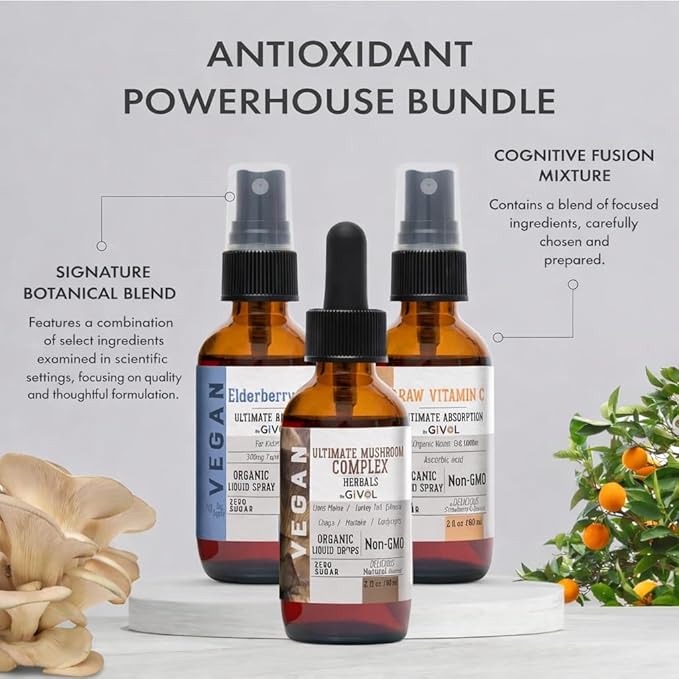 Antioxidant Powerhouse Bundle - Elderberry Raw Vitamin C Mushroom Complex - Nutriments Phytonutrients &amp Cognitive Well-Being All in One Package - Multivitamins - 2 Fl Oz - 240 Days Supply