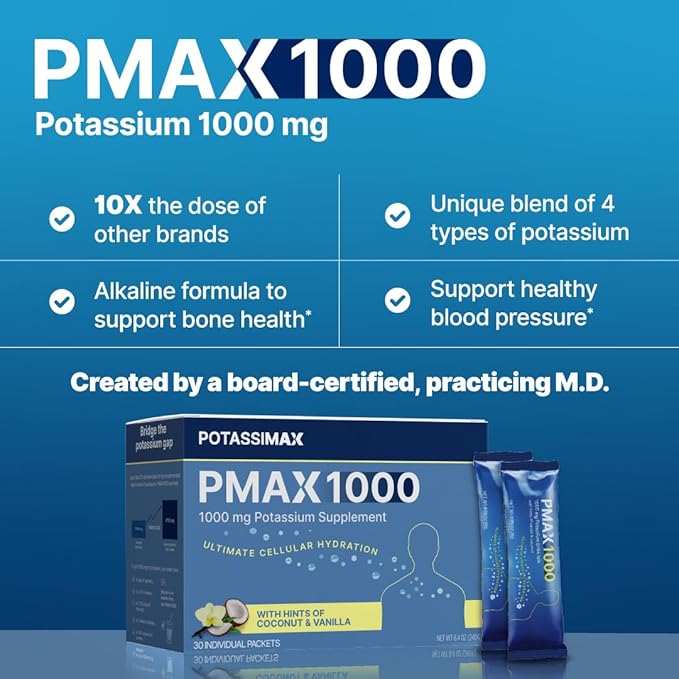 PMAX1000 High Dose Pure Potassium Electrolyte Supplement Powder 1000mg 4-Type Potassium Blend-Citrate Gluconate BicarbonateChloride Supports Healthy Blood Pressure Heart Kidneys Bones Muscles