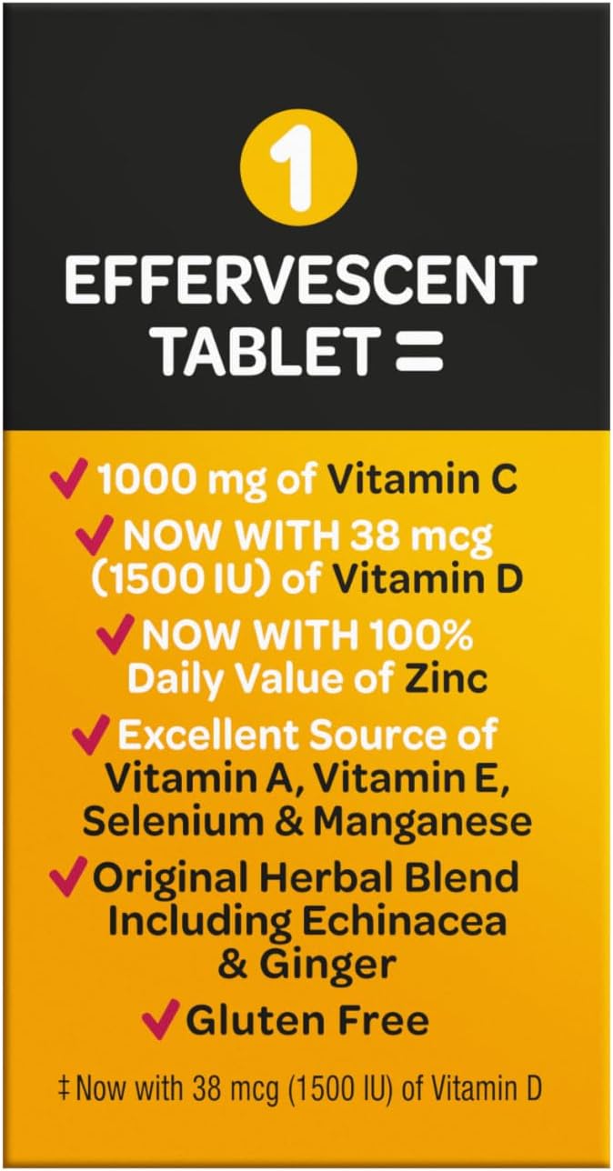 Vitamin C 1000mg (per serving) - Airborne Very Berry Effervescent Tablets (36 count in a box) Gluten-Free Immune Support Supplement With Vitamins A C E ZINC Selenium Echinacea &amp Ginger
