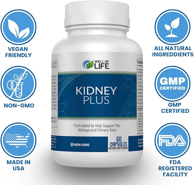 Well of Life: Kidney Plus 600mg with Cranberry Extract Astragalus Root Java Tea-Leaf &amp antioxidants for Overall Well-Being Helps Healthy Kidney Function &amp Urinary Tract Wellness 60 Capsule