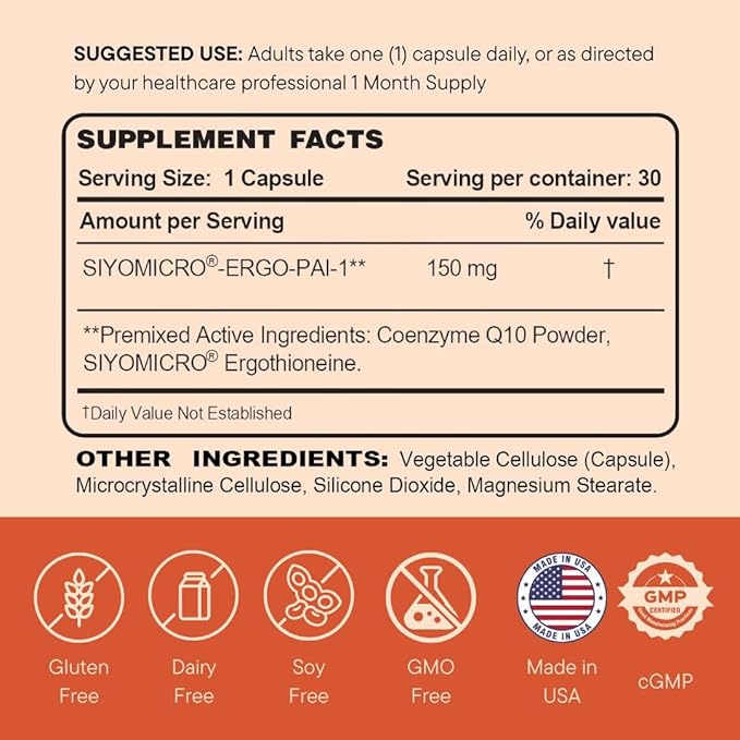 CoQ10 150mg Capsule with L-Ergothioneine - Enhanced Absorption Antioxidant for Heart Health &amp Energy Production Coenzyme Q10 Patented Dual-Soluble Formula 1 Month Supply 30 Count