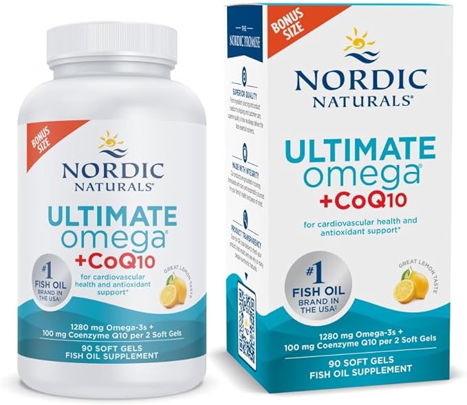 Nordic Naturals Ultimate Omega + CoQ10 Lemon - 90 Soft Gels - 1280 mg Omega-3 + 100 mg CoQ10 - Heart Health Cellular Energy Antioxidant Support - Non-GMO - 45 Servings
