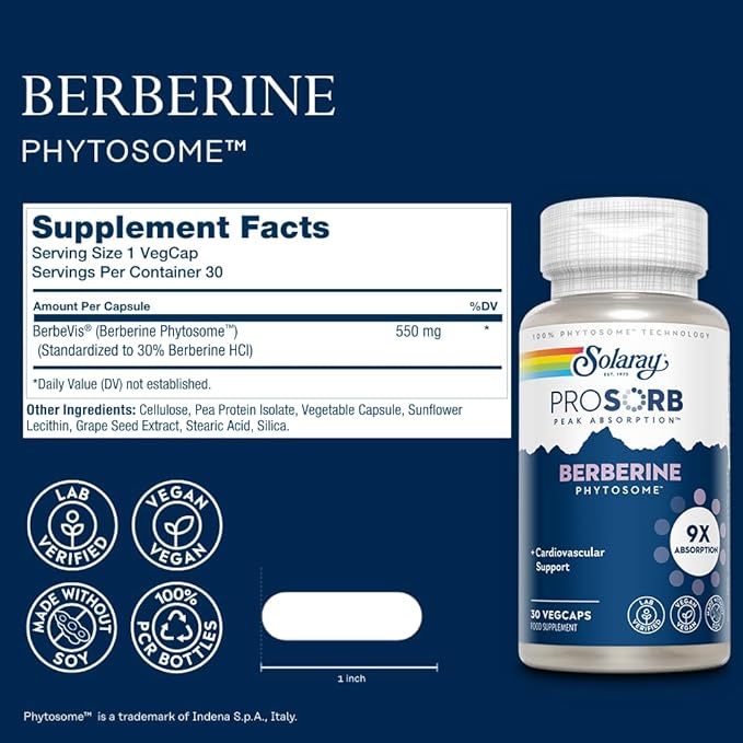 SOLARAY Triple Fiber Powder and ProSorb Berberine Phytosome - Unflavored Daily Fiber Supplement w/Prebiotics Regularity and Gut Health Support - 9X Absorption Berberine Supplement Vegan 30 Serv Ea