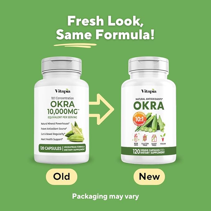 Vitapia Okra Extract - Heart Health Antioxidant Gut &amp Digestion Wellness Support - 10:1 Ratio &amp 120 Veggie Capsules - Non-GMO Gluten-Free Vegan Supplement