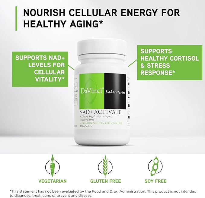 DAVINCI Labs NAD+ Activate - NAD Supplement with Vitamin C &amp Niacin - Helps Support Brain Health Cellular Energy &amp More* - Vegetarian Gluten-Free &amp Soy-Free - 30 Capsules