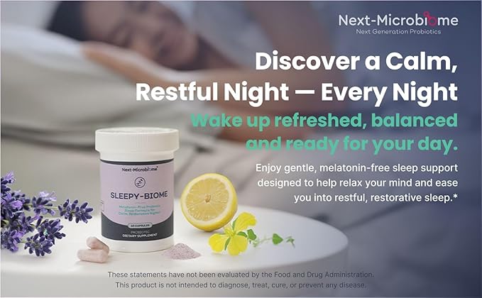 Sleepy-Biome – Melatonin-Free Probiotic Sleep Formula with GABA L-Theanine 5-HTP Valerian Lavender Lemon Balm &amp Ashwagandha – Gut-Brain Axis Support for Calm Restorative Sleep – 60 Capsules