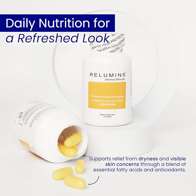Relumins GLA Plus Glutathione Supplement – 240mg Borage Seed Oil GLA &amp 75mg Capsules – Hydrate Protect &amp Glow from Within – 30 Capsules - Moisturized Radiant Healthy-Looking Skin