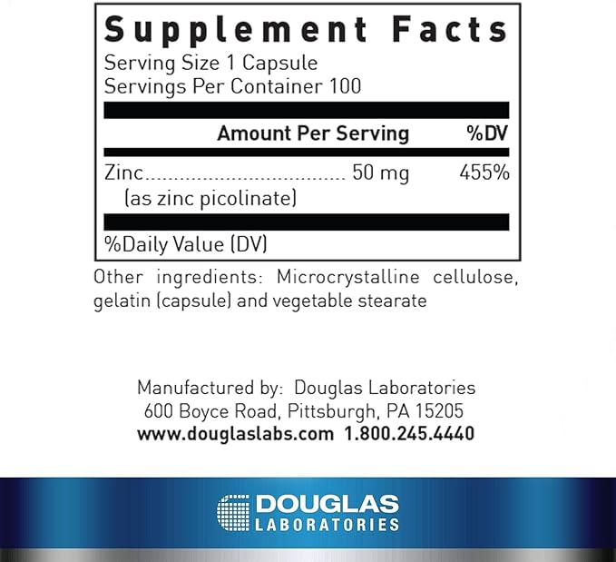 Douglas Laboratories Zinc Picolinate - 50 mg Zinc - For Immune System Antioxidants &amp Skin - Trace Mineral Supplement - 100 Capsules