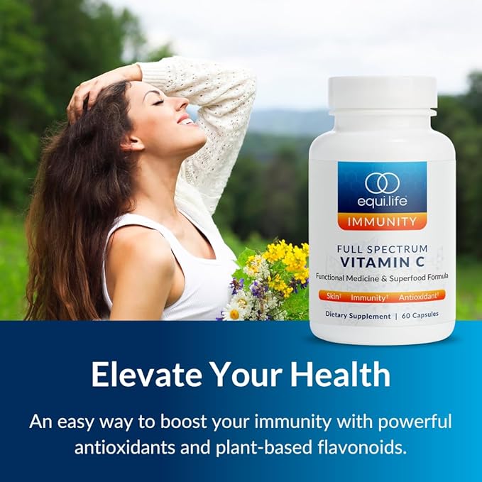 Equilife Full Spectrum Vitamin C Supplement with Quercetin Hibiscus and Rutin Plant Based Antioxidant Formula Gluten Free Soy and Dairy Free Non GMO Easy to Use 60 Capsules