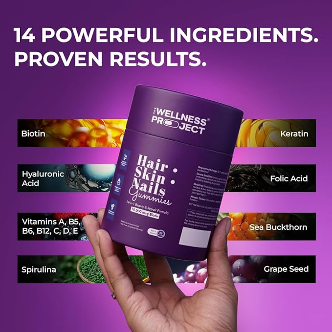 The Wellness Project 14-in-1 Hair Skin &amp Nails Gummies with 10000 mcg Biotin Keratin Hyaluronic &amp Folic Acid Vitamins A C B5 B6 &amp B12 &amp Sea Buckthorn | Tasty Mixed Berry Flavor