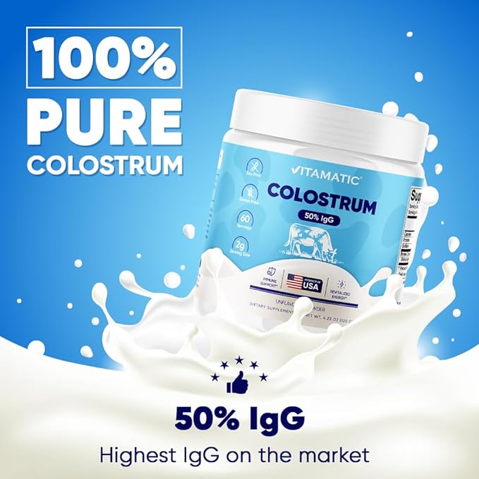 Vitamatic Bovine Colostrum Powder - 50% Highest IgG -120 Gram - Supplement for Gut Health Hair Growth Beauty Muscle Recovery &amp Immune Support - Easy to Mix - Unflavored - 60 Servings
