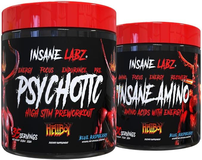 Insane Labz Hellboy Bundle Psychotic Hellboy Pre Workout and Insane Amino BCAA Increase Muscle Mass Strength Focus and Recovery Time Blue Raspberry