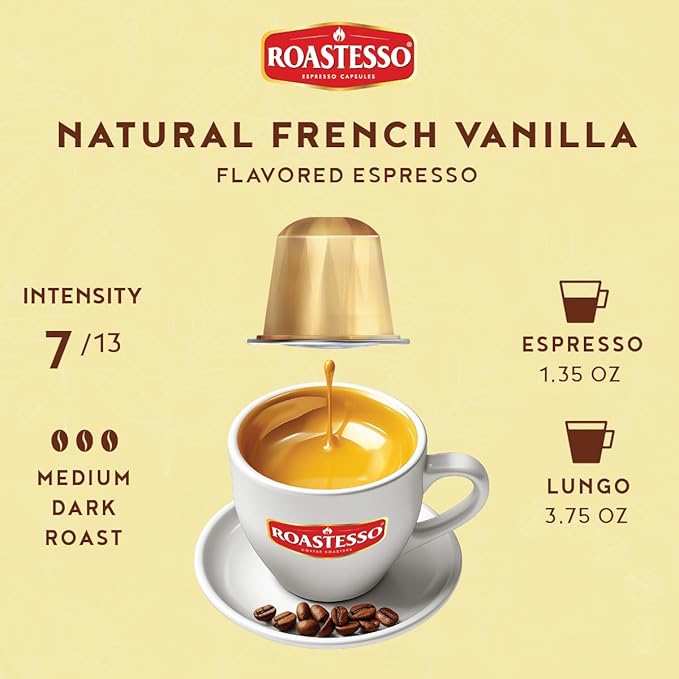 Roastesso Aluminum Espresso Capsules French Vanilla Natural Flavored Coffee Compatible with Nespresso Original Machines Medium Roast Intensity 7 Recyclable Coffee Pods Packed in USA (40 Count)