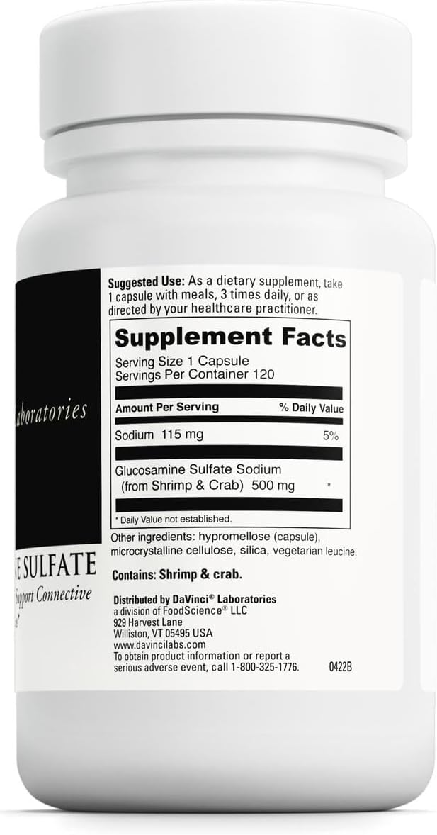 DAVINCI Labs Glucosamine Sulfate - A Dietary Supplement to Support Connective Tissue and Joint Functions - Gluten-Free - 500 mg - 120 Capsules