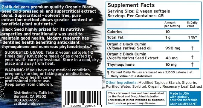 Zatik Naturals - Black Cumin Seed Oil &amp Supercritical Extract Cold Pressed Unrefined USDA Organic Certified Gluten Free Vegan 90 Vegan Softgels