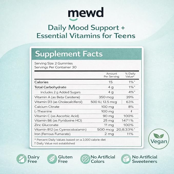 MEWD Teen and Kids Mood Support Multivitamin Gummies - Natural Focus &amp Calm with L-Theanine Vitamins A C D3 B6 B9 &amp B12 Plus Zinc &amp Iron - Vegan Immune Booster Gluten-Free Brain Hea
