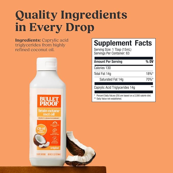 Bulletproof Brain Octane C8 MCT Oil 32 oz (Pack of 2) – 100% Pure Coconut Oil Triple-Distilled Keto Energy Supplement for Coffee &amp Smoothies Unflavored No Additives or Fillers Non-GMO