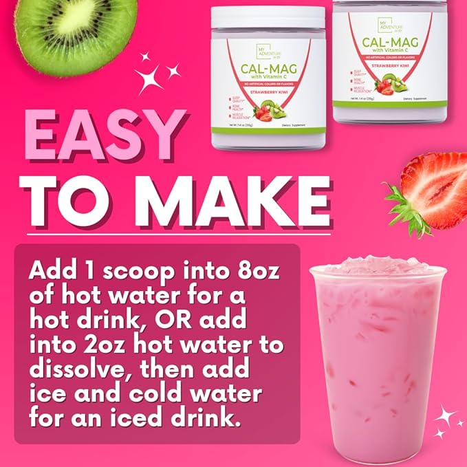 Calcium Magnesium Powder Supplement - Magnesium Calcium Carbonate Powder for Strong Bones - Natural Magnesium Powder for Sleep Quality - Magnesium Citrate Powder (Strawberry Kiwi30 Servings)
