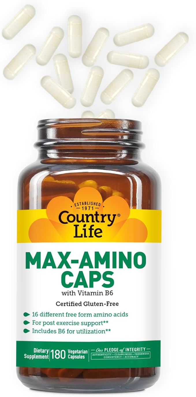 Country Life Maxi-Amino Caps – 16 Free-Form Amino Acids – 180 Vegetarian Capsules – Gluten Free Vegetarian