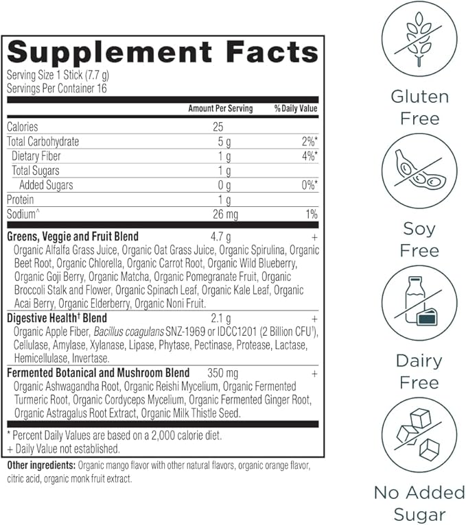 Ancient Nutrition SuperGreens Powder with Probiotics Organic Mango Flavor Greens Made from Real Fruits Vegetables and Herbs Digestive and Energy Support 16 Stick Packs 4.3oz