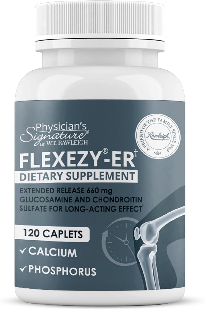 Rawleigh Flexezy-ER: 120 Caplets High Strength Glucosamine &amp Chondroitin Sulfate Blend Calcium &amp Phosphorus 24-Hour Extended Release Bone &amp Joint Health Supplement. Non-GMO - 1 Month S