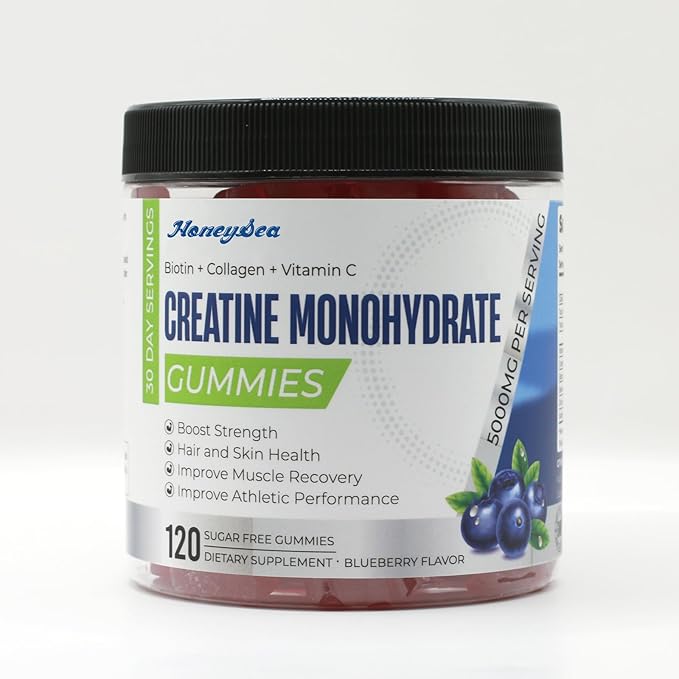 HoneySea Creatine Monohydrate Gummies - 5000mg Creatine Natural Blueberry Flavor 120 Count - Vegan Sugar-Free Boosts Performance &amp Recovery