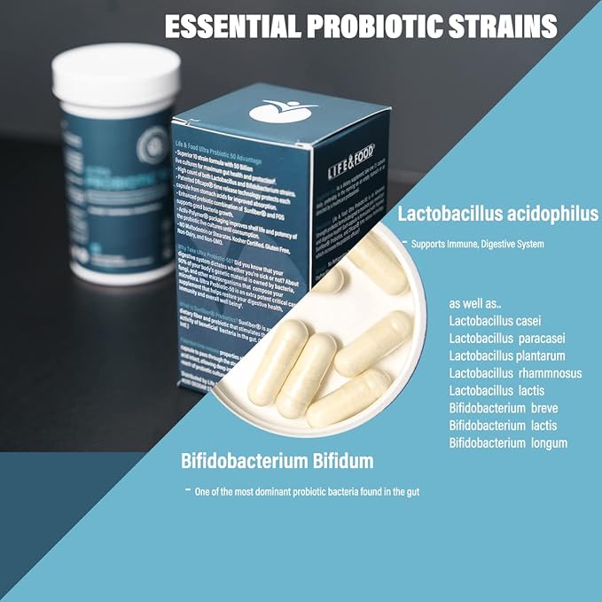 Life &amp Food Ultra Probiotic 50 Billion CFU w/Sunfiber Prebiotics - Once Daily Time Release Caps Shelf Life Protection (60ct)