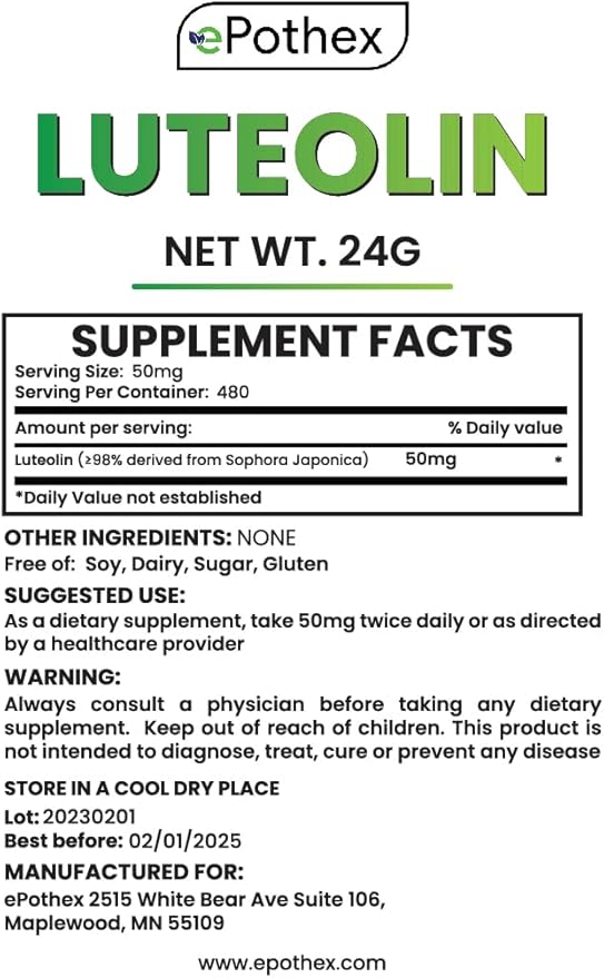 ePothex Pure Luteolin Powder 24 Grams Brain and Nervous System Support Promotes Immune Functionality Maximum Absorption