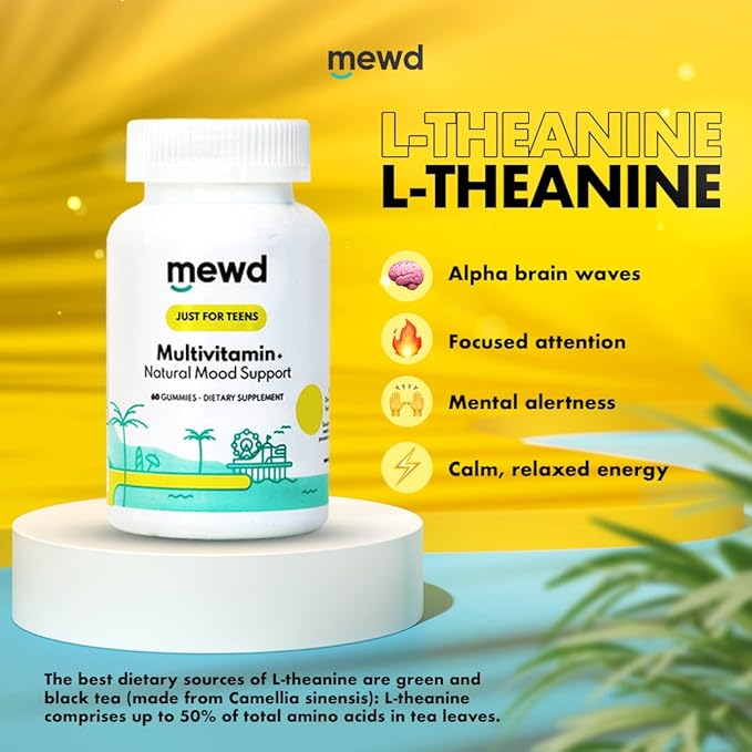 MEWD Teen and Kids Mood Support Multivitamin Gummies - Natural Focus &amp Calm with L-Theanine Vitamins A C D3 B6 B9 &amp B12 Plus Zinc &amp Iron - Vegan Immune Booster Gluten-Free Brain Hea