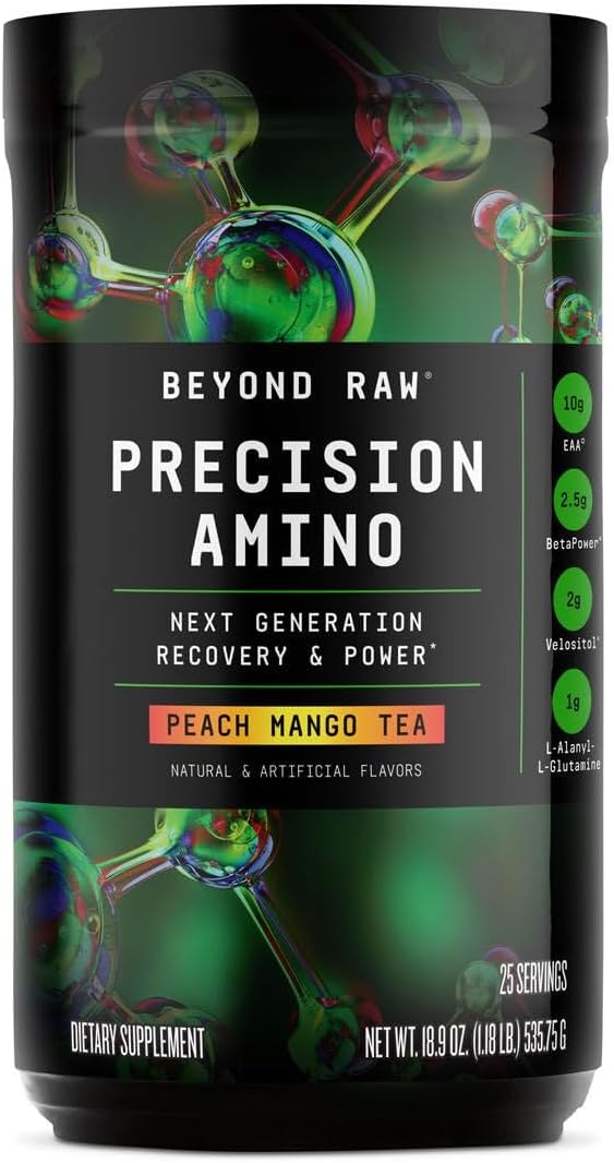BEYOND RAW Precision Amino | Recovery &amp Power Amino Acid Formula | Fuel Muscles | Enhance Hydration | Peach Mango Tea | 25 Servings
