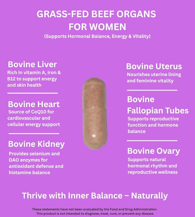 Grass Fed Beef Organ Complex for Women – Liver Heart Kidney Supplement – Whole Food Nutrition for Energy &amp Vitality – Non-GMO Hormone-Free – 120 Capsules Made in USA