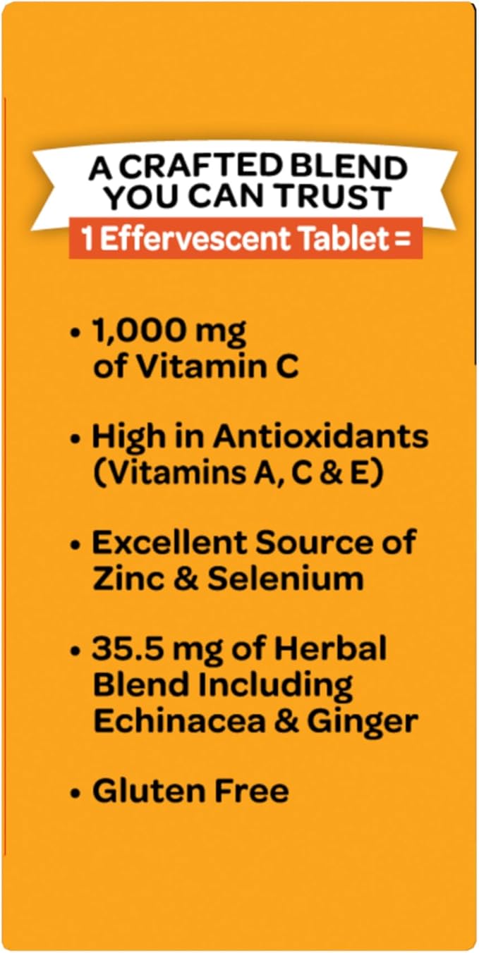 Vitamin C 1000mg (per serving) - Airborne Zesty Orange Effervescent Tablets (36 count in a box) Gluten-Free Immune Support Supplement With Vitamins A C E ZINC Selenium Echinacea &amp Ginger