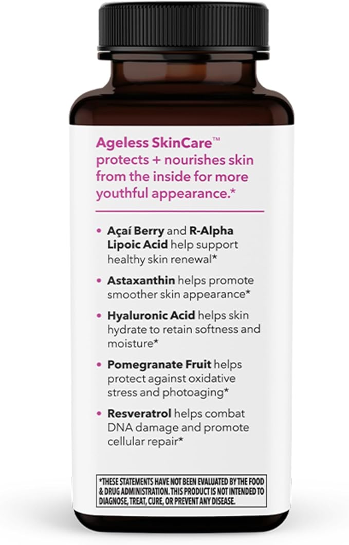 LifeSeasons Ageless Skincare - Anti Aging Supplement - Antioxidant Support - Moisturizes &amp Nourishes Skin - Acai Berry Astaxanthin Resveratrol R-Alpha Lipoic Acid &amp Pomegranate Extract - 90 Ca